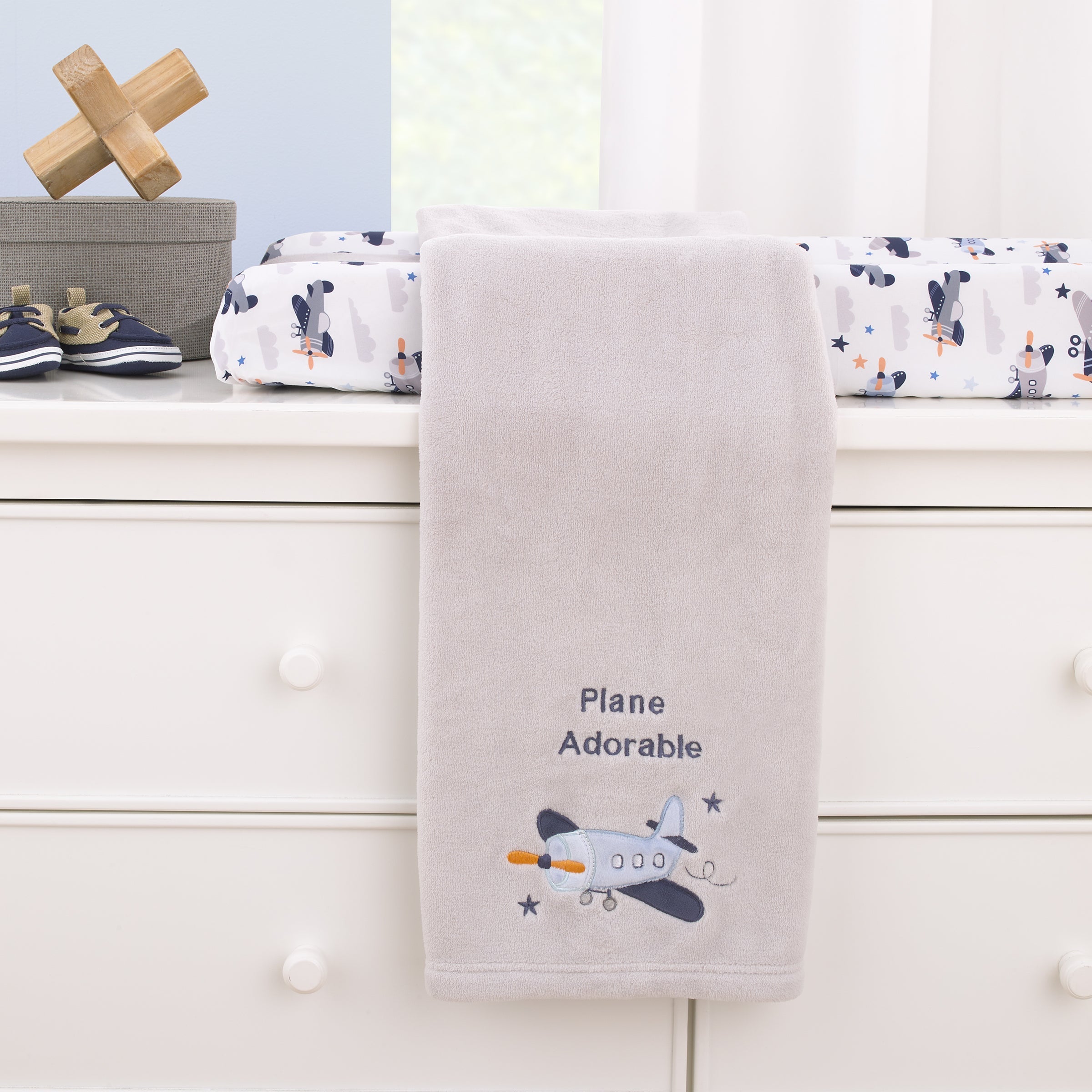 Soar High Little One Gray and Light Blue Airplane Super Soft Baby Blanket