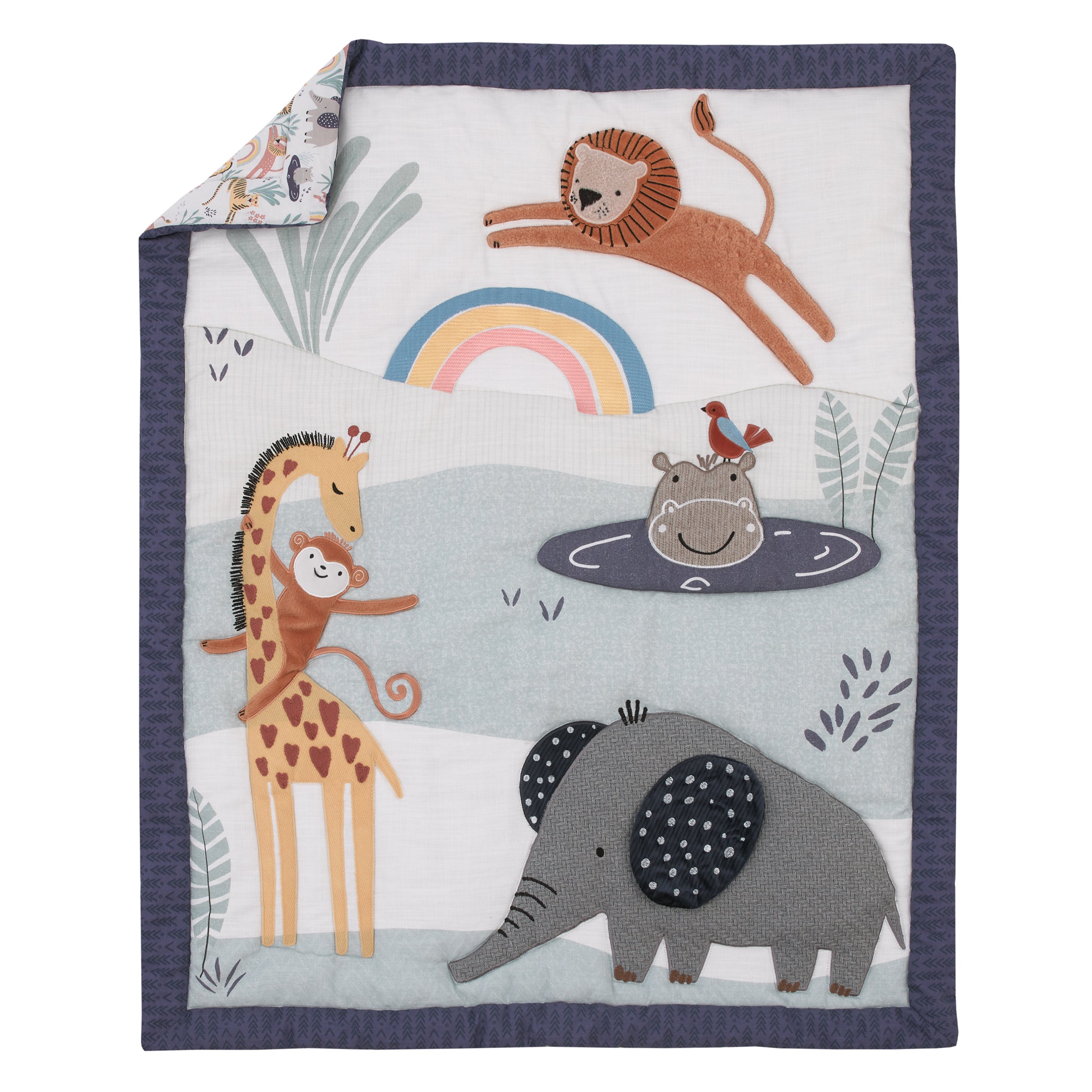 Wild Pals Navy, Gray, and Tan Safari Animals 4 Piece Nursery Crib Bedding Set - Comforter, 100% Cotton Fitted Crib Sheet, Crib Skirt and Nursery Organizer