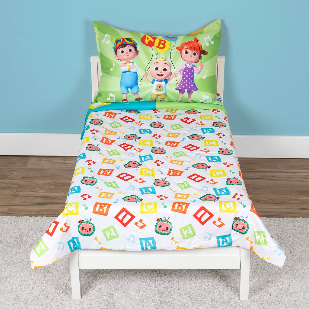 CoComelon Learning Is Fun 4 Piece Toddler Bed Set - Includes Comforter, Fitted Bottom Sheet, Flat Top Sheet, Reversible Pillowcase