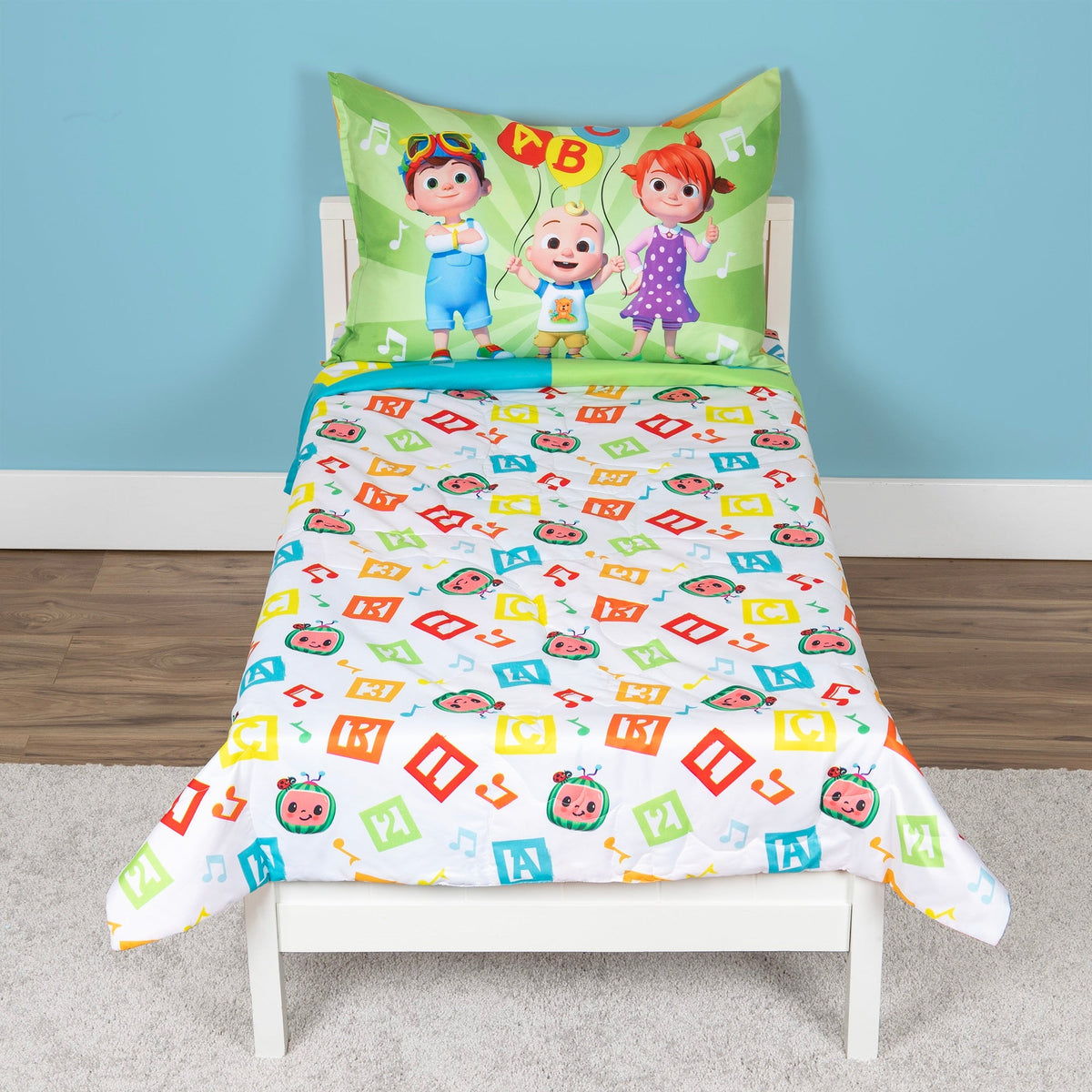 CoComelon Learning Is Fun 4 Piece Toddler Bed Set - Includes Comforter, Fitted Bottom Sheet, Flat Top Sheet, Reversible Pillowcase