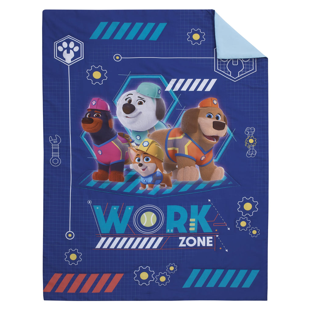 Pupstruction Work Zone Navy, Orange, Aqua, and Yellow 4 Piece Toddler Bed Set - Comforter, Fitted Bottom Sheet, Flat Top Sheet, and Reversible Pillowcase