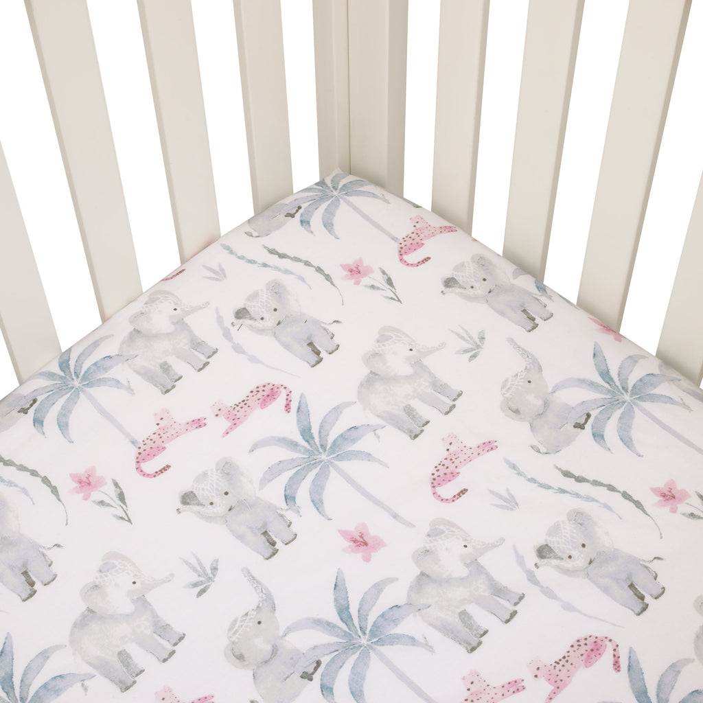Tropical Princess Elephant/Jungle Pink and Green 100% Cotton Fitted Crib Sheet