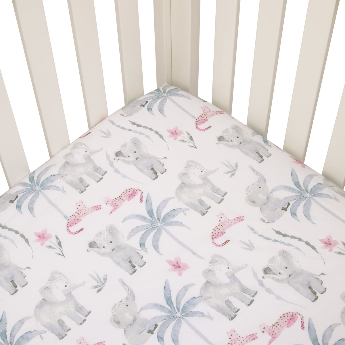 Tropical Princess Elephant/Jungle Pink and Green 100% Cotton Fitted Crib Sheet