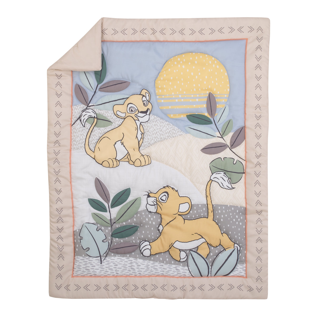 Lion King Leader of the Pack Grey, Sage, Ivory and Yellow 3 Piece Nursery Crib Bedding Set - Comforter, Fitted Crib Sheet, and Crib Skirt