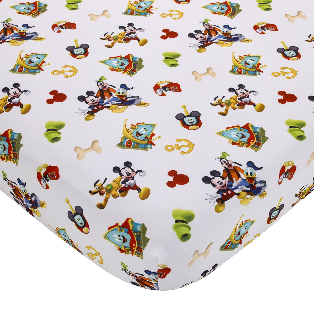 Disney Mickey Mouse Funhouse Crew Blue, Red and Yellow, Funny, Donald Duck, Goofy and Pluto 4 Piece Toddler Bed Set - Comforter, Fitted Bottom Sheet, Flat Top Sheet, and Reversible Pillowcase