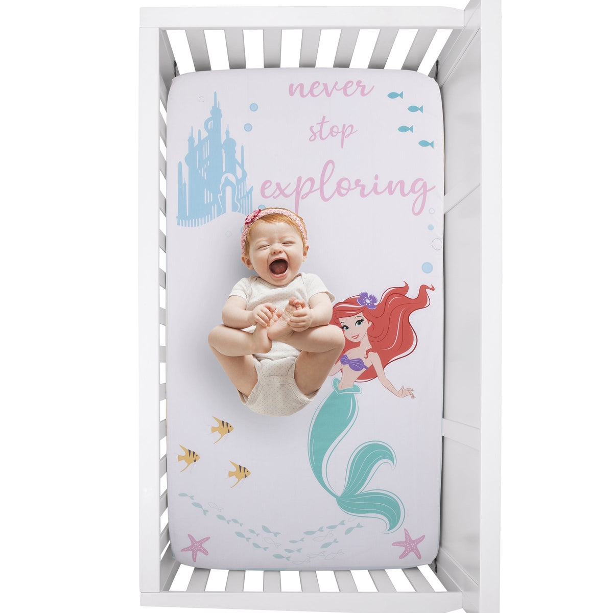 Disney Ariel Watercolor Wishes Aqua, Pink and White Never Stop Exploring 100% Cotton Photo Op Fitted Crib Sheet