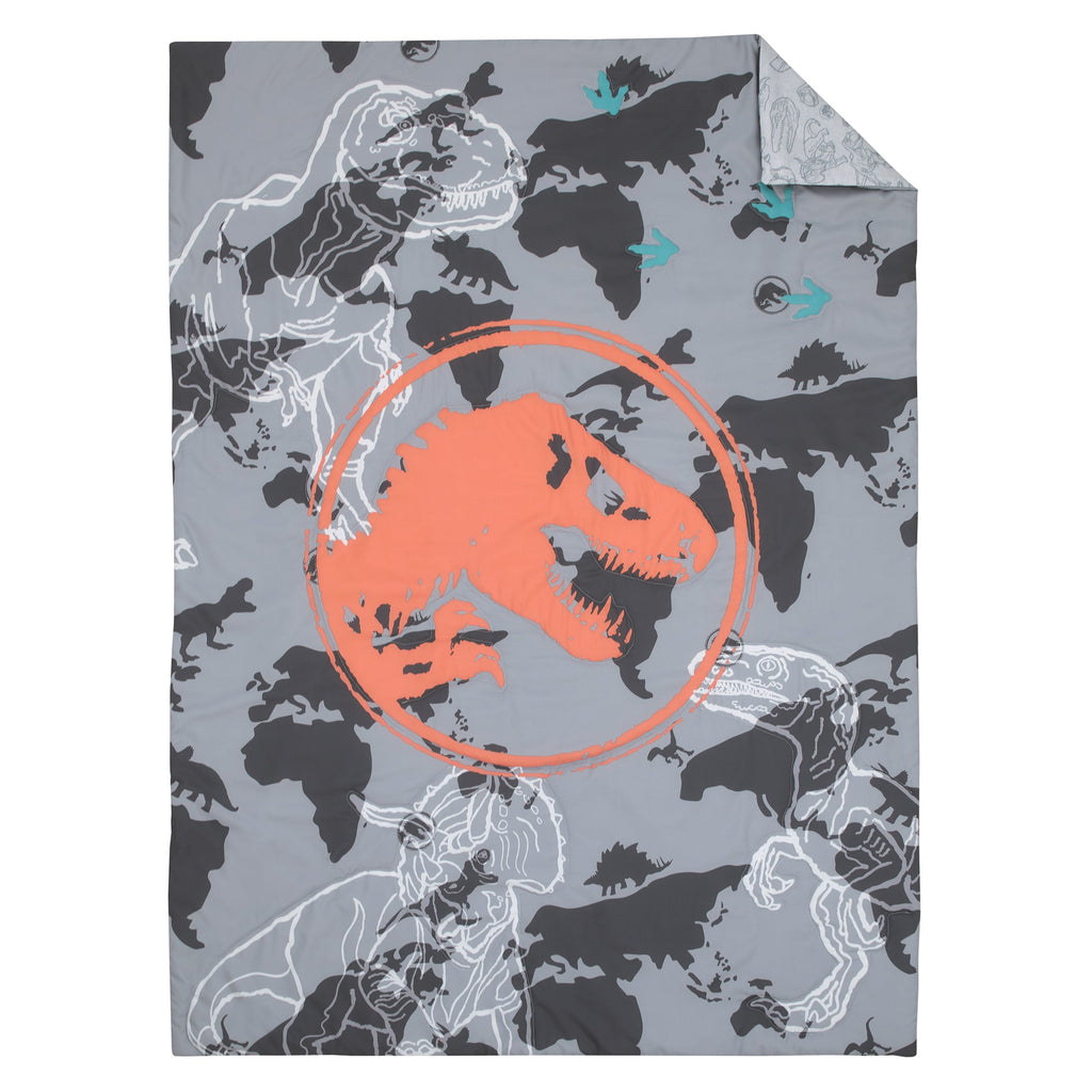 Universal Jurassic World Into The Wild Grey, White, Orange and Aqua T. Rex 4 Piece Toddler Bed Set - Comforter, Fitted Bottom Sheet, Flat Top Sheet and Reversible Pillowcase