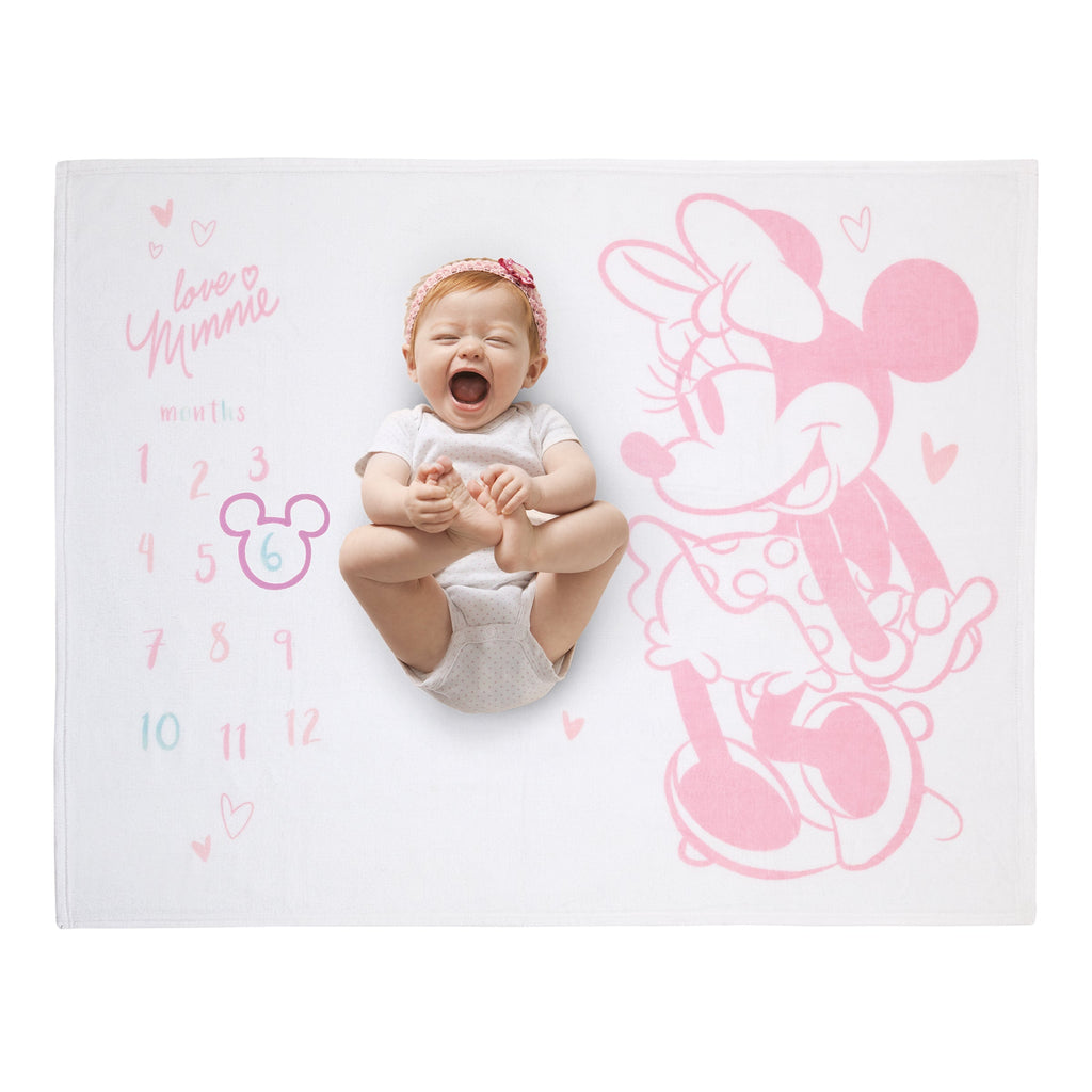 Minnie Mouse White, Pink, and Aqua Super Soft Milestone Baby Blanket