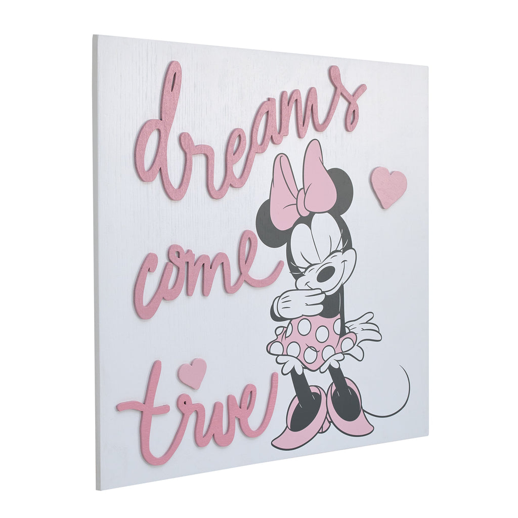 Minnie Mouse Dreams Come True Pink and White Hearts Wood Wall DÃ©cor