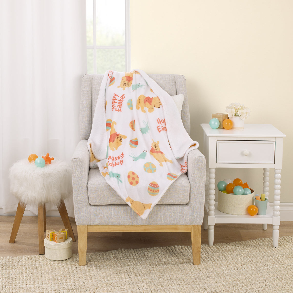 Winnie the Pooh Aqua, Tan, Red, and White Hoppy Easter Super Soft Sherpa Baby Blanket