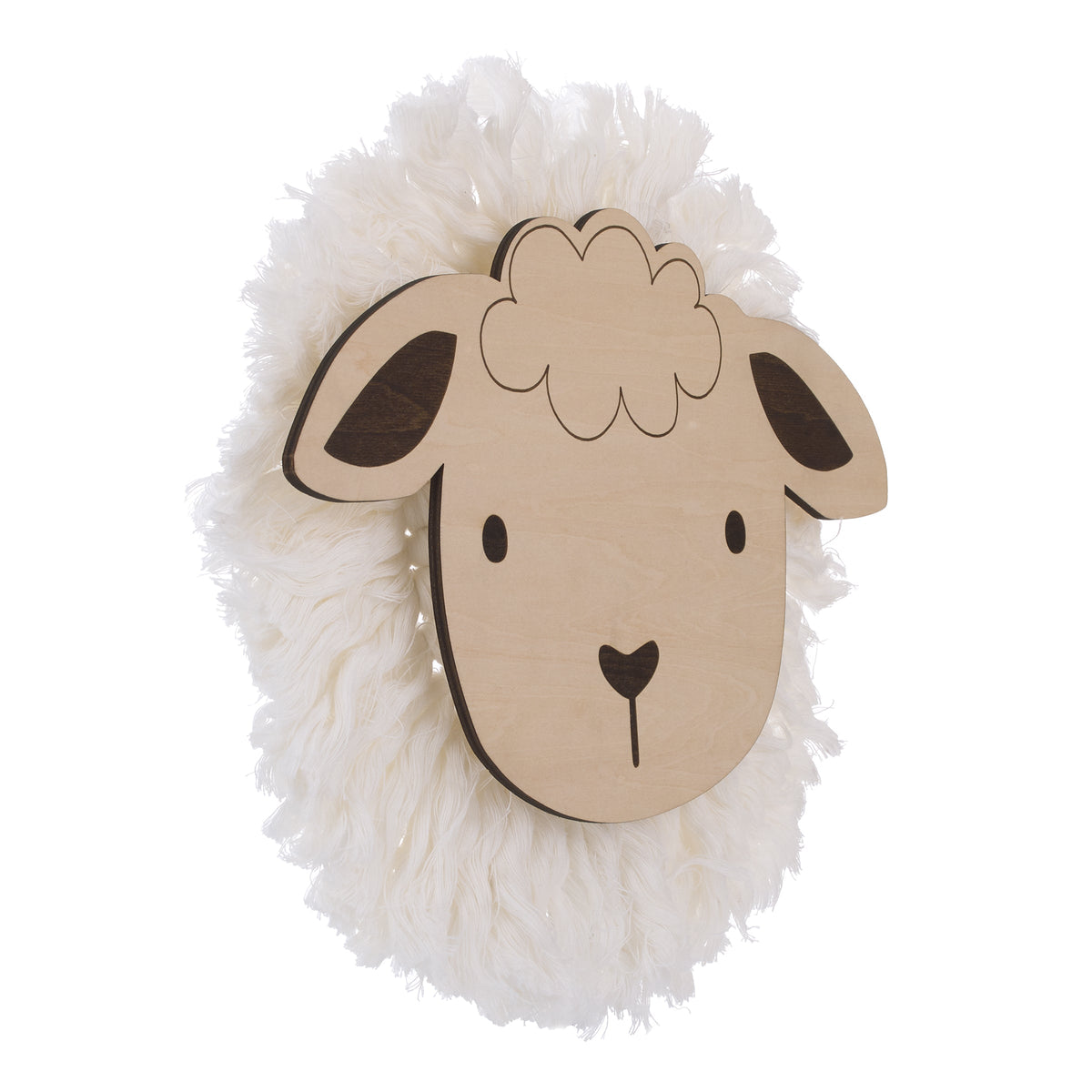 Natural Wood Sheep Wall Decor with Ivory Yarn Wool