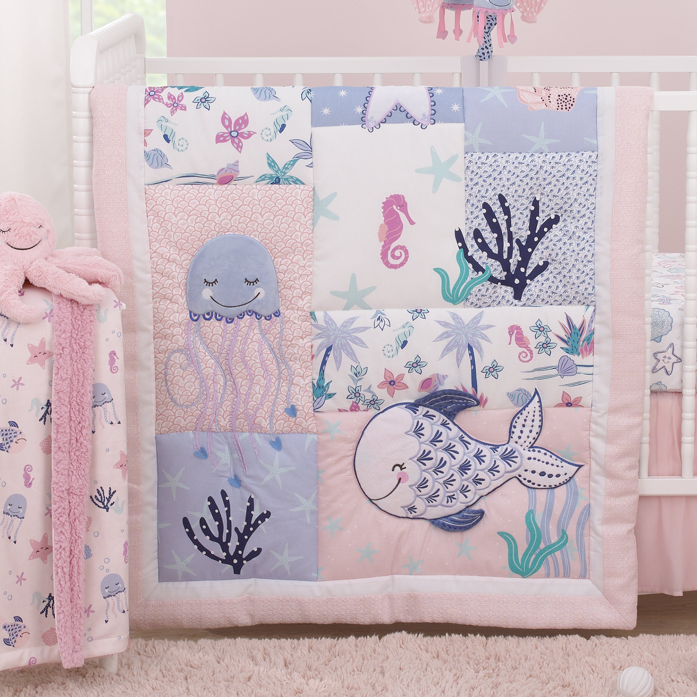 Mermaid Lagoon Pink, Blue and White Undersea Friends, Fish, Coral, Jellyfish and Starfish 4 Piece Nursery Crib Bedding Set - Comforter, 100% Cotton Fitted Crib Sheet, Crib Skirt, and Storage Caddy