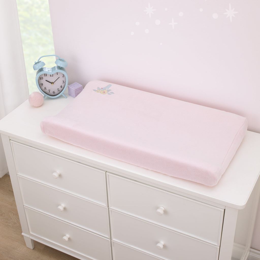 Sweet Princess Pink and Light Blue Appliqued Glass Slipper Contoured Changing Pad Cover