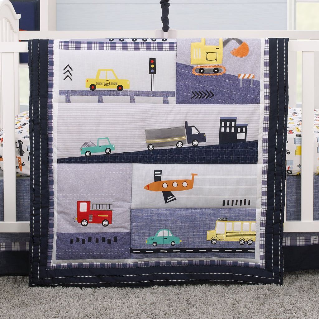 Transportation Trails Navy, Red, and Yellow Busy Cars, Trucks, Fire Engines 4 Piece Nursery Crib Bedding Set - Comforter, 100% Cotton Fitted Crib Sheet, Crib Skirt, and Nursery Organizer