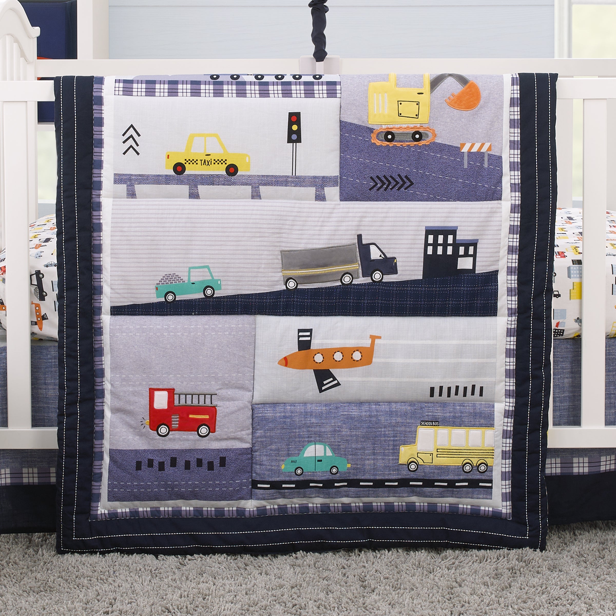 Transportation Trails Navy, Red, and Yellow Busy Cars, Trucks, Fire Engines 4 Piece Nursery Crib Bedding Set - Comforter, 100% Cotton Fitted Crib Sheet, Crib Skirt, and Nursery Organizer