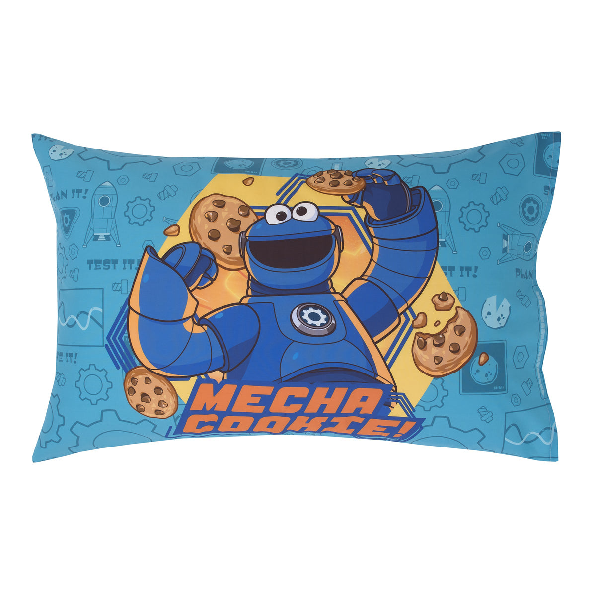 Mecha Builders Blue, Red, and Gold, with Cookie Monster, Elmo and Abby 4 Piece Toddler Bed Set - Comforter, Fitted Bottom Sheet, Flat Top Sheet, and Reversible Pillowcase