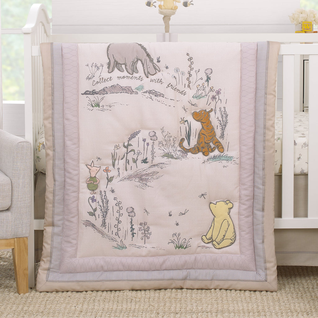 Classic Pooh Naturally Friends Ivory and Taupe Piglet, Eeyore, and Tigger 3 Piece Nursery Crib Bedding Set - Comforter, 100% Cotton Fitted Crib Sheet, and Crib Skirt