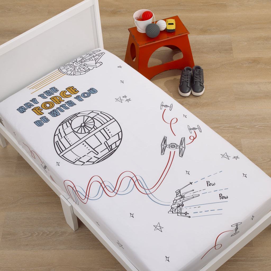 Star Wars May the Force Be With You White, Blue, and Gold Millennium Falcon and Death Star Photo Op Nursery Fitted Crib Sheet