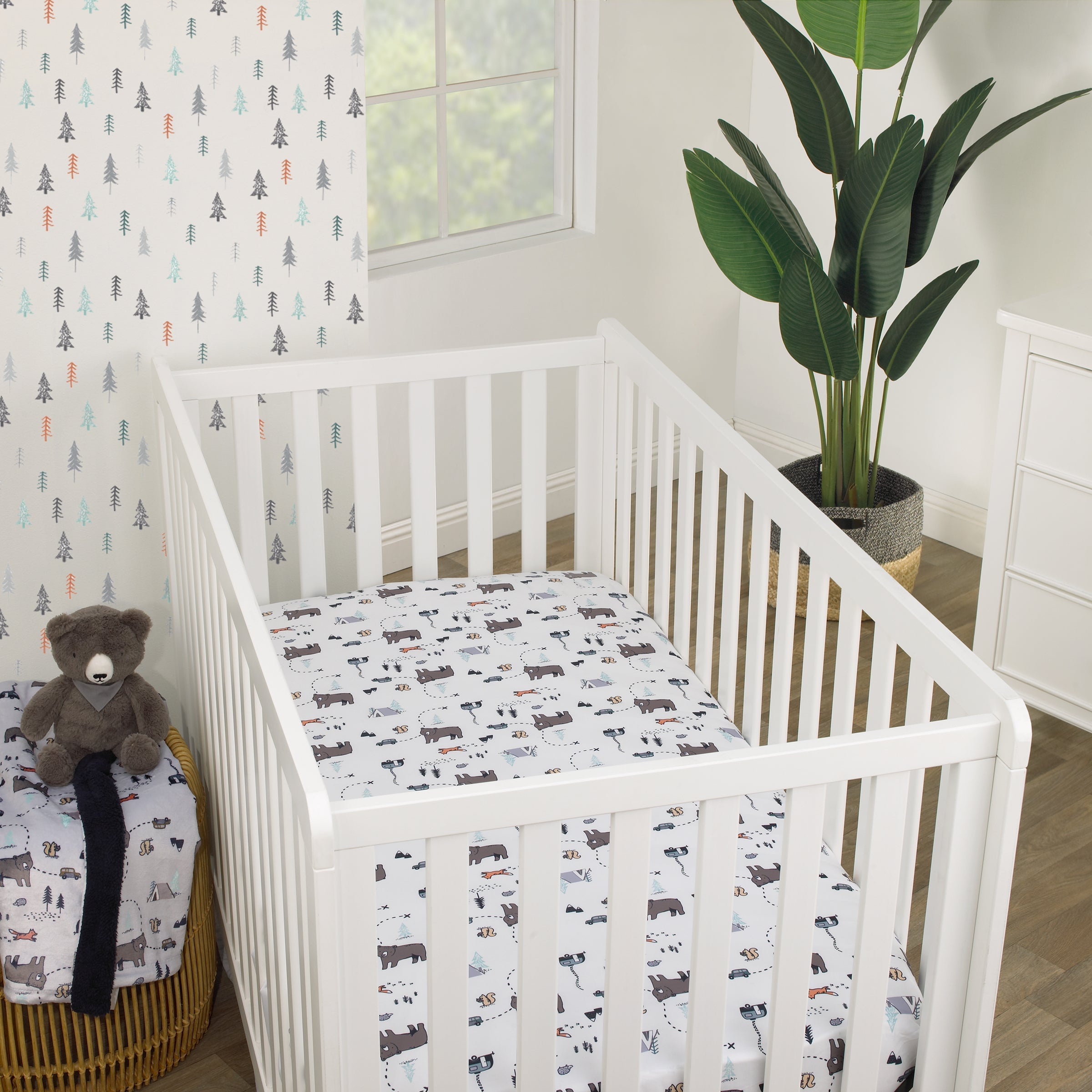 Woodland Friends White and Multi Colored Bear, Fox, Squirrel, Tree, and Camper Fitted Crib Sheet