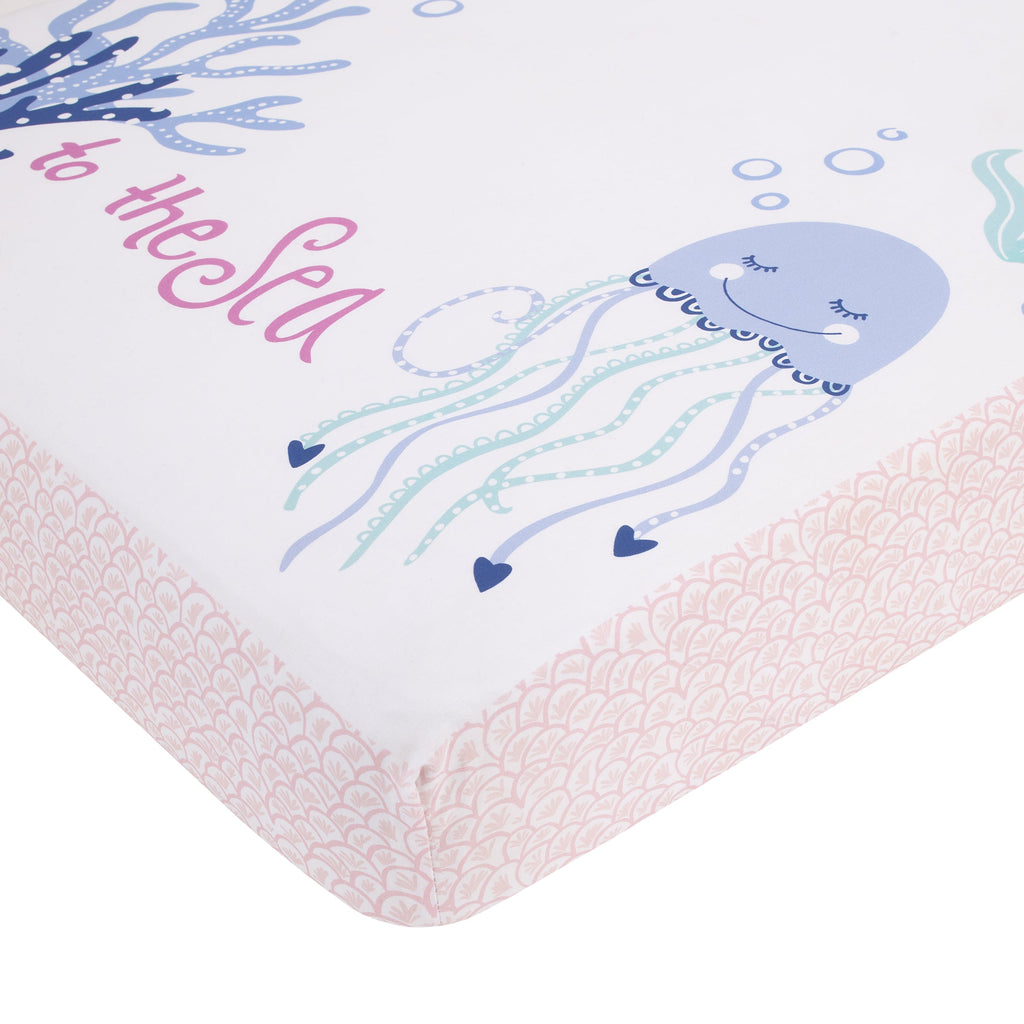 Mermaid Lagoon Pink, Blue, and White "Come with me to the Sea" 100% Cotton Photo Op Fitted Crib Sheet