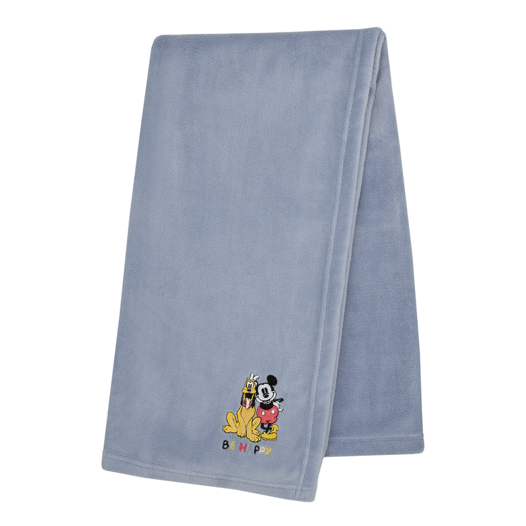 Mickey and Friends Blue, Gold and Red Pluto and Mickey Mouse Be Happy Super Soft Appliqued Baby Blanket