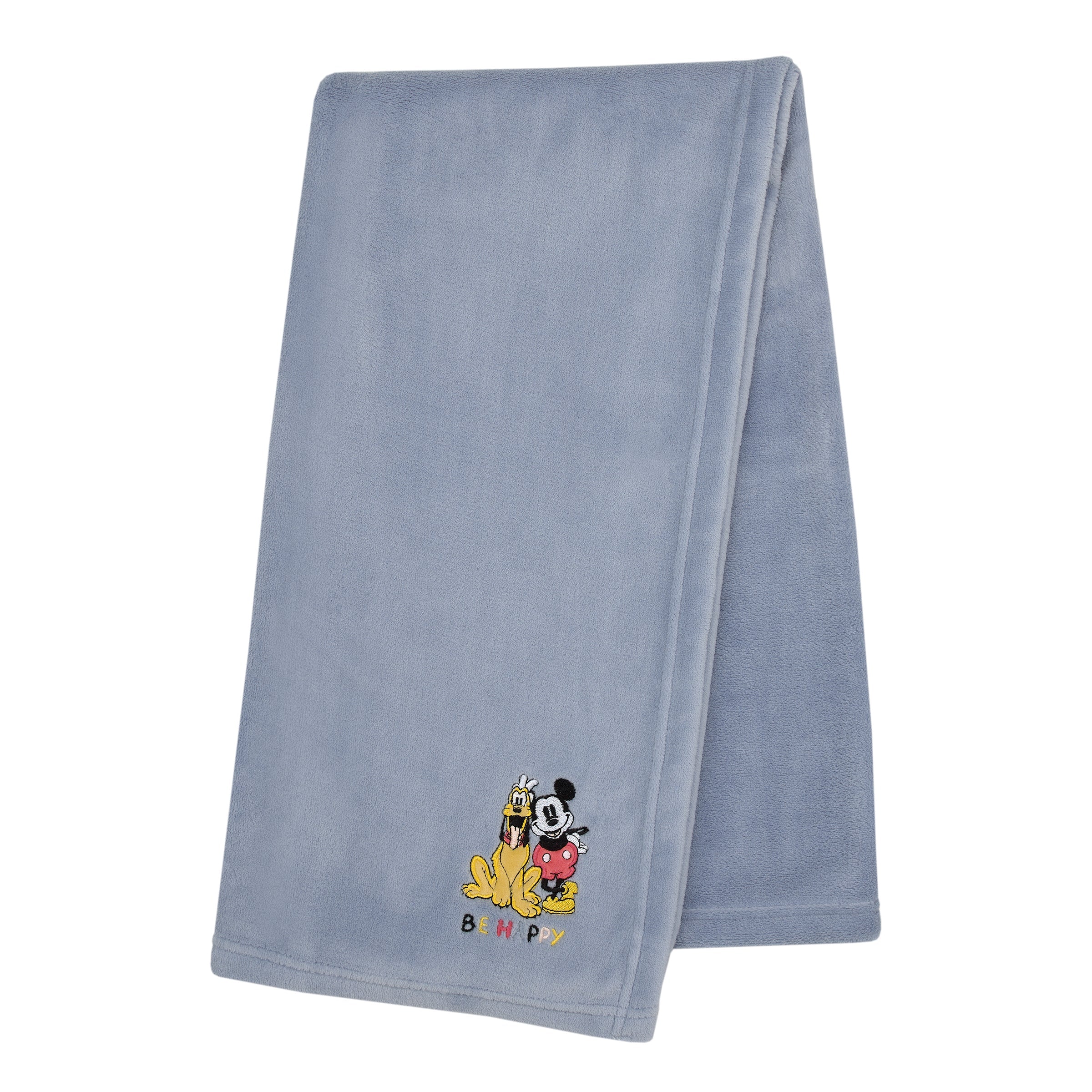 Mickey and Friends Blue, Gold and Red Pluto and Mickey Mouse Be Happy Super Soft Appliqued Baby Blanket
