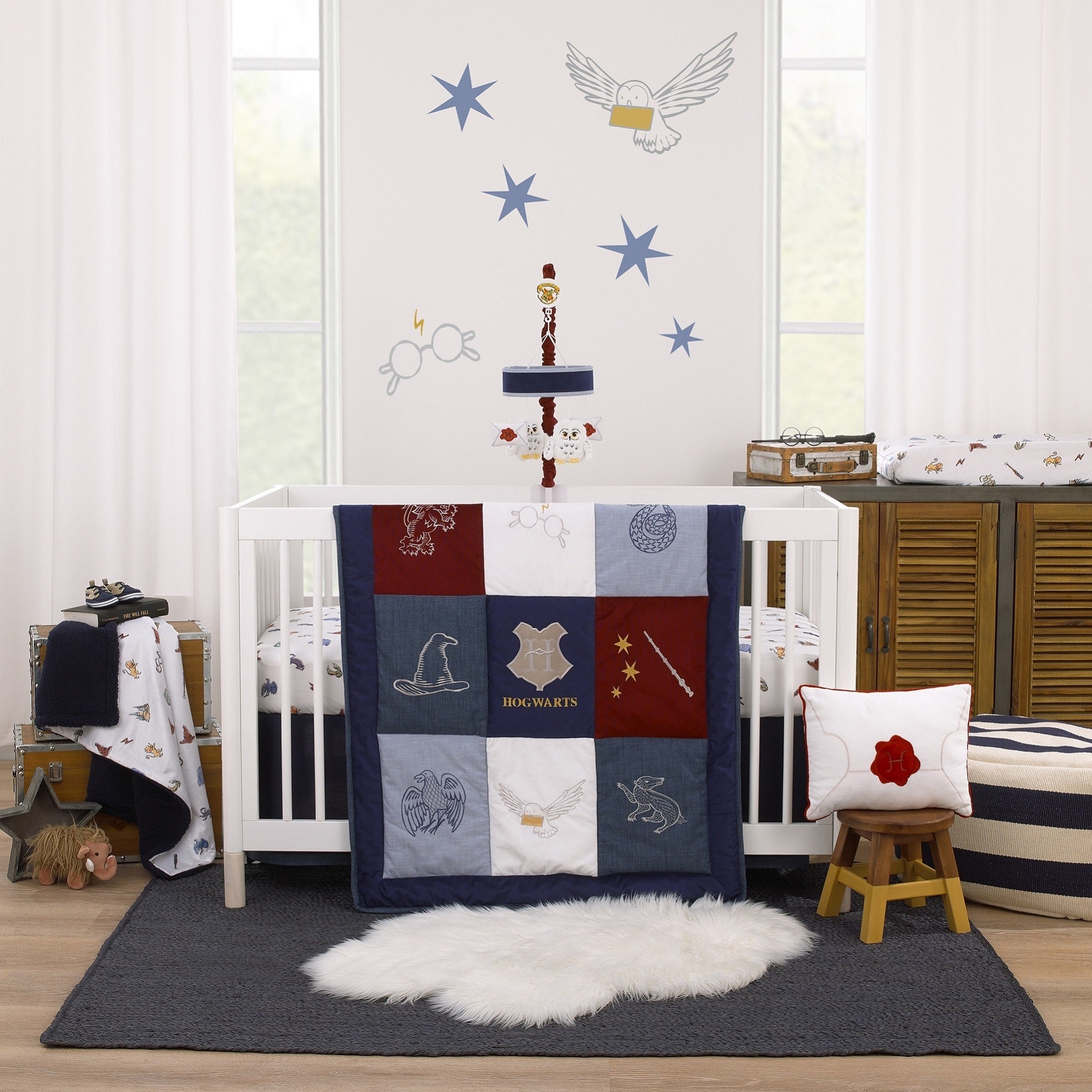 Warner Bros  Harry Potter Welcome Little Wizard Navy, Burgundy, Blue, and White Super Soft Contoured Changing Pad Cover