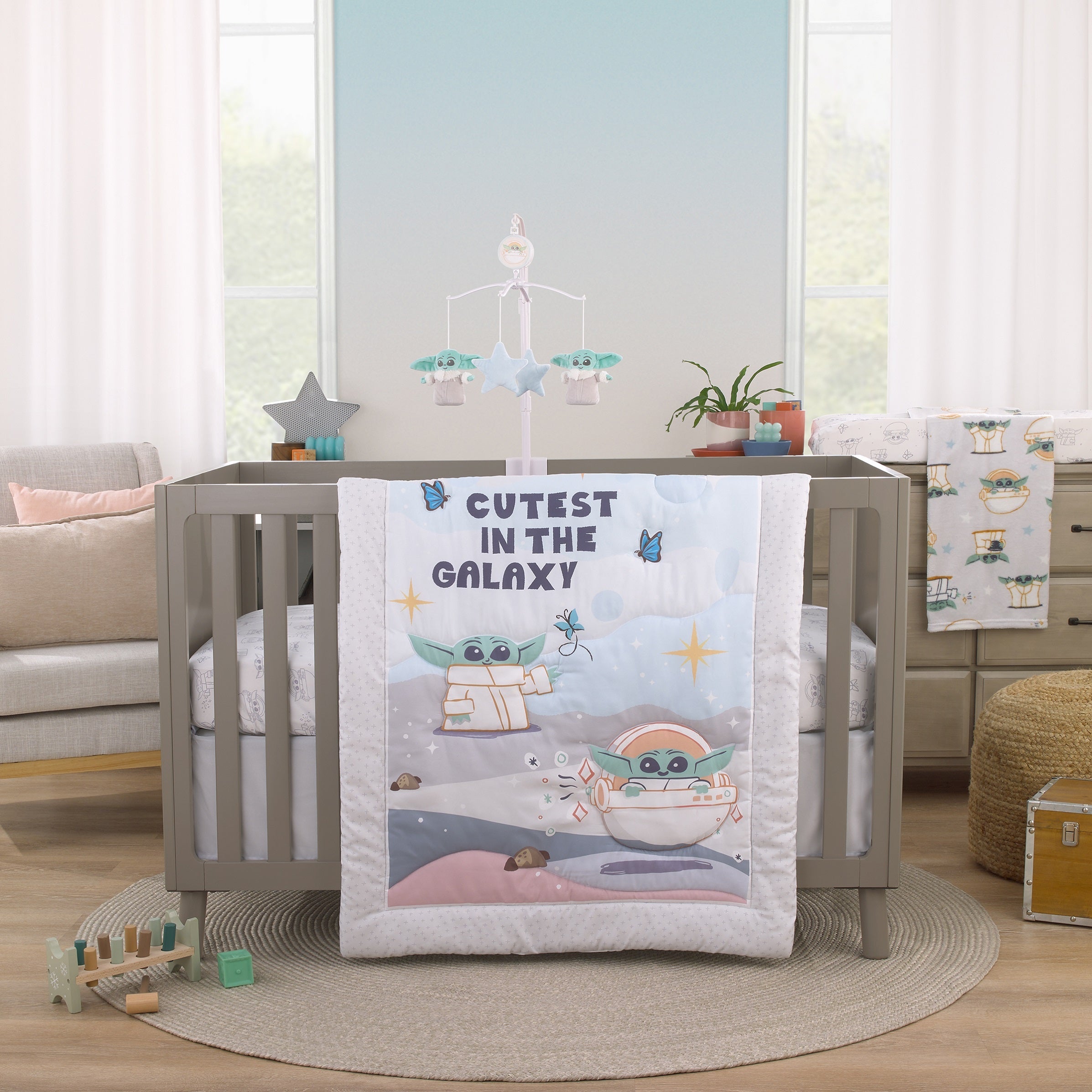 Grogu Cutest in the Galaxy Cream, Green, and Light Blue Stars Plush Musical Mobile