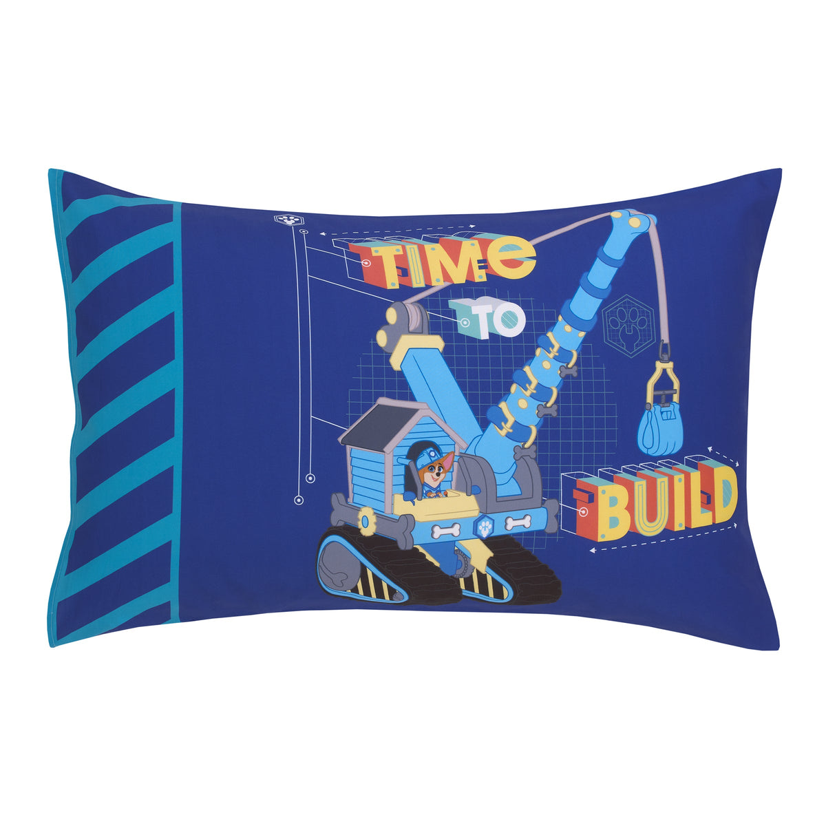 Pupstruction Work Zone Navy, Orange, Aqua, and Yellow 4 Piece Toddler Bed Set - Comforter, Fitted Bottom Sheet, Flat Top Sheet, and Reversible Pillowcase