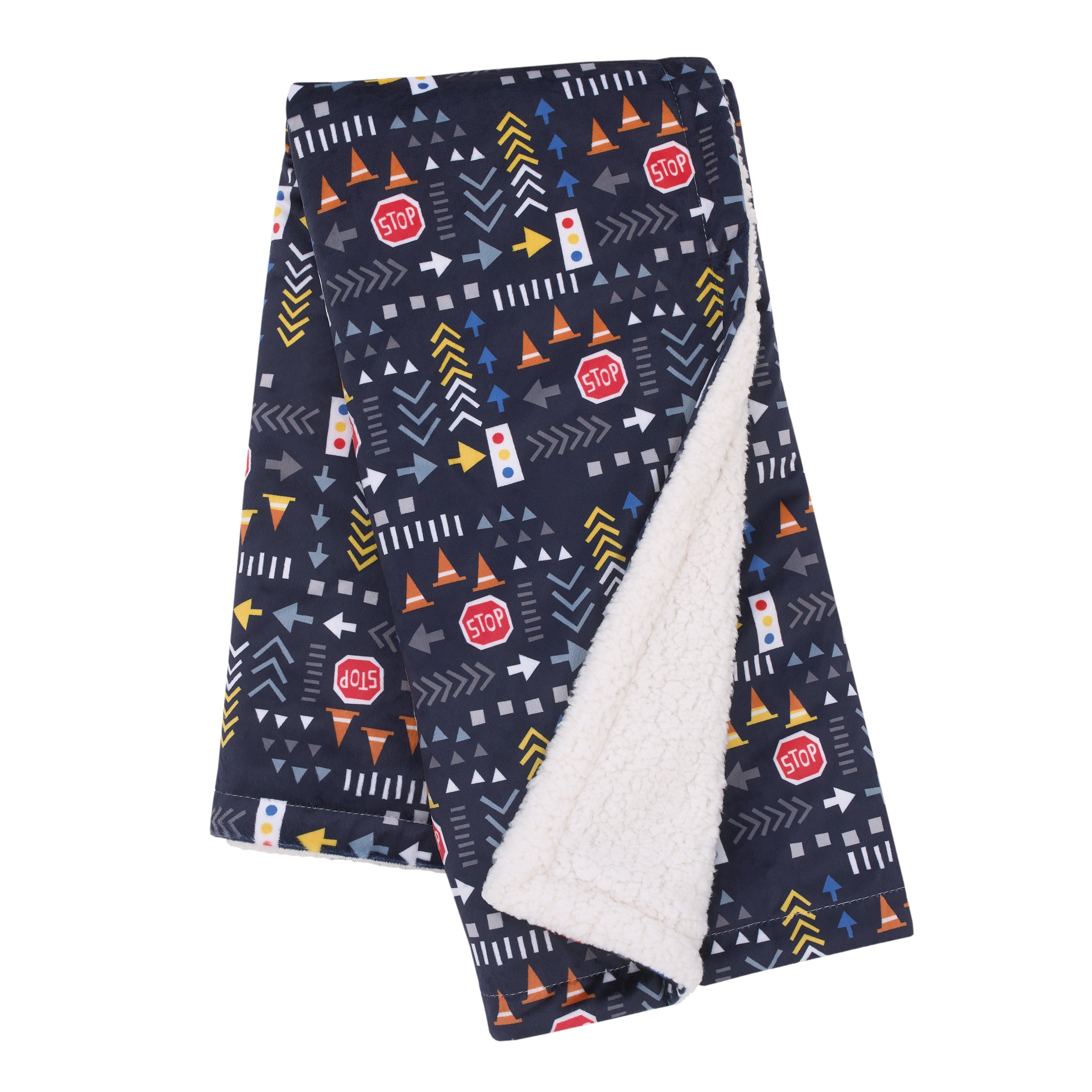 Transportation Trails Navy, Red, and Yellow Stop Light Super Soft Sherpa Baby Blanket