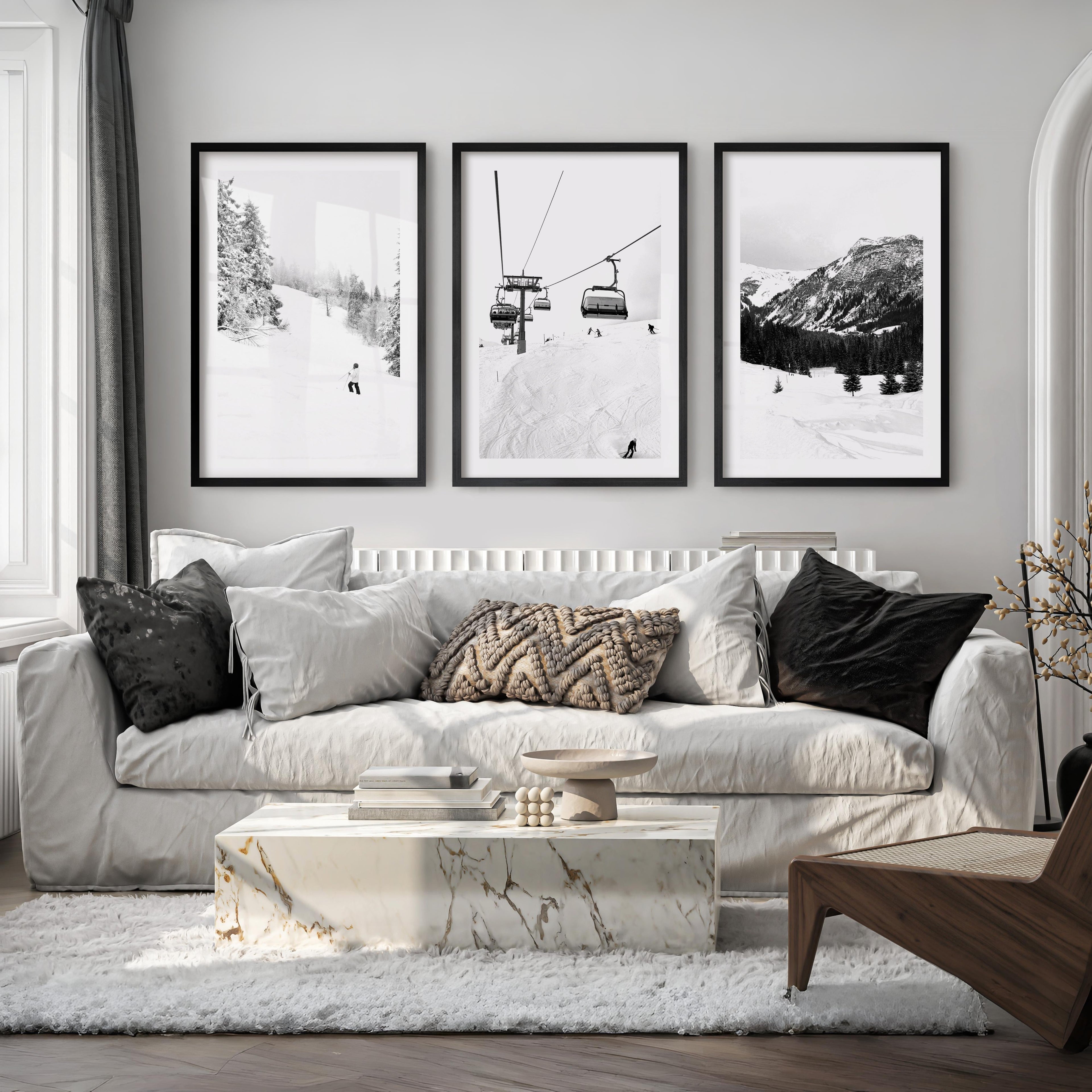 Winter Skiing Black White Wall Art. Ski Lift, Snowy Forest