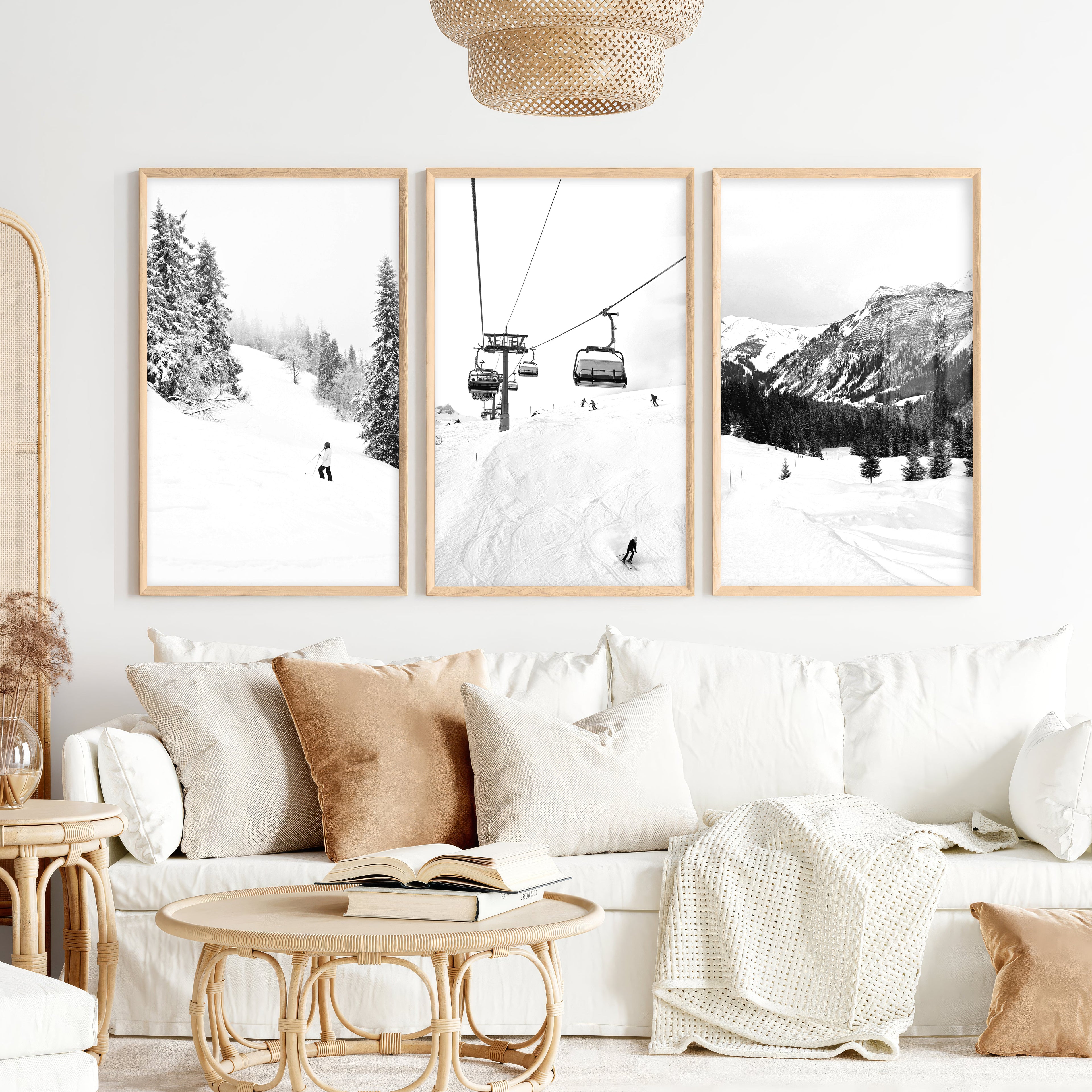 Winter Skiing Black White Wall Art. Ski Lift, Snowy Forest