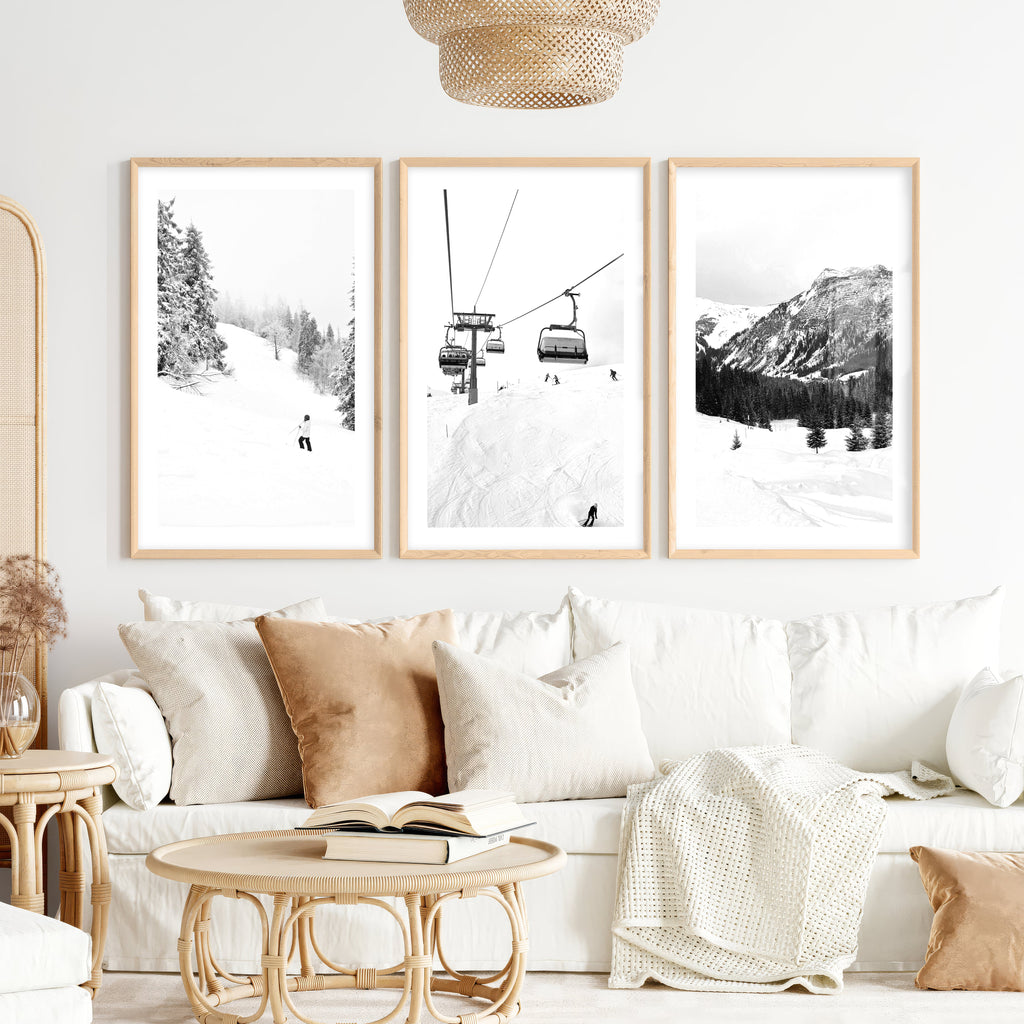 Winter Skiing Black White Wall Art. Ski Lift, Snowy Forest