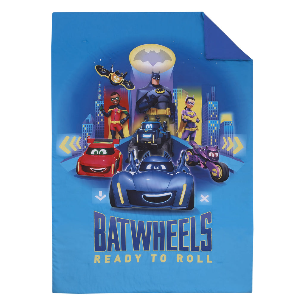 Warner Bros  Batwheels Ready to Roll Blue, Red, and Yellow 4 Piece Toddler Bed Set - Comforter, Fitted Bottom Sheet, Flat Top Sheet and Reversible Pillowcase
