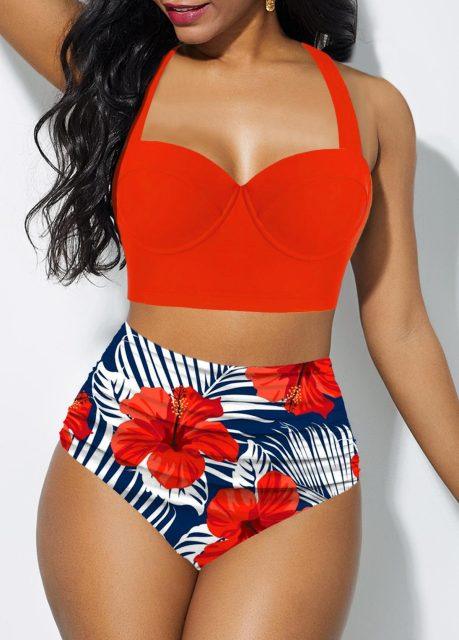 Women's Push Up Padded Bra Bikini Set Women Vintage Tropical Print Swimsuit Retro Halter High Waist Bikinis Bra Set Swimwear Two Piece Bathing Suit High Waist Swimsuit Floral Bathing Suit Swimwear Summer Bathing Suit Beachwear