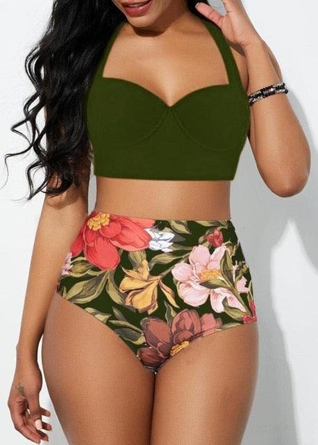 Women's Push Up Padded Bra Bikini Set Women Vintage Tropical Print Swimsuit Retro Halter High Waist Bikinis Bra Set Swimwear Two Piece Bathing Suit High Waist Swimsuit Floral Bathing Suit Swimwear Summer Bathing Suit Beachwear