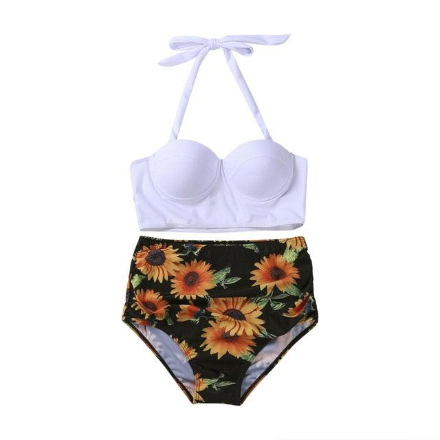 Women's Push Up Padded Bra Bikini Set Women Vintage Tropical Print Swimsuit Retro Halter High Waist Bikinis Bra Set Swimwear Two Piece Bathing Suit High Waist Swimsuit Floral Bathing Suit Swimwear Summer Bathing Suit Beachwear