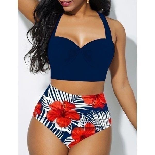 Women's Push Up Padded Bra Bikini Set Women Vintage Tropical Print Swimsuit Retro Halter High Waist Bikinis Bra Set Swimwear Two Piece Bathing Suit High Waist Swimsuit Floral Bathing Suit Swimwear Summer Bathing Suit Beachwear