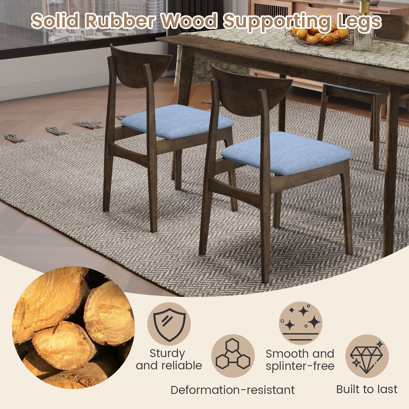Wooden Dining Chair Set of 2 with Rubber Wood Leg-Brown