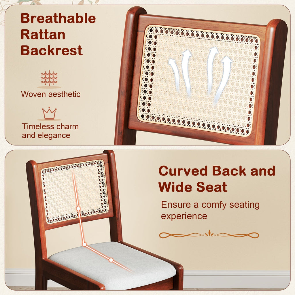 Wooden Kitchen Chairs with Cane Back Rubber Wood Frame and Padded Seat-Coffee