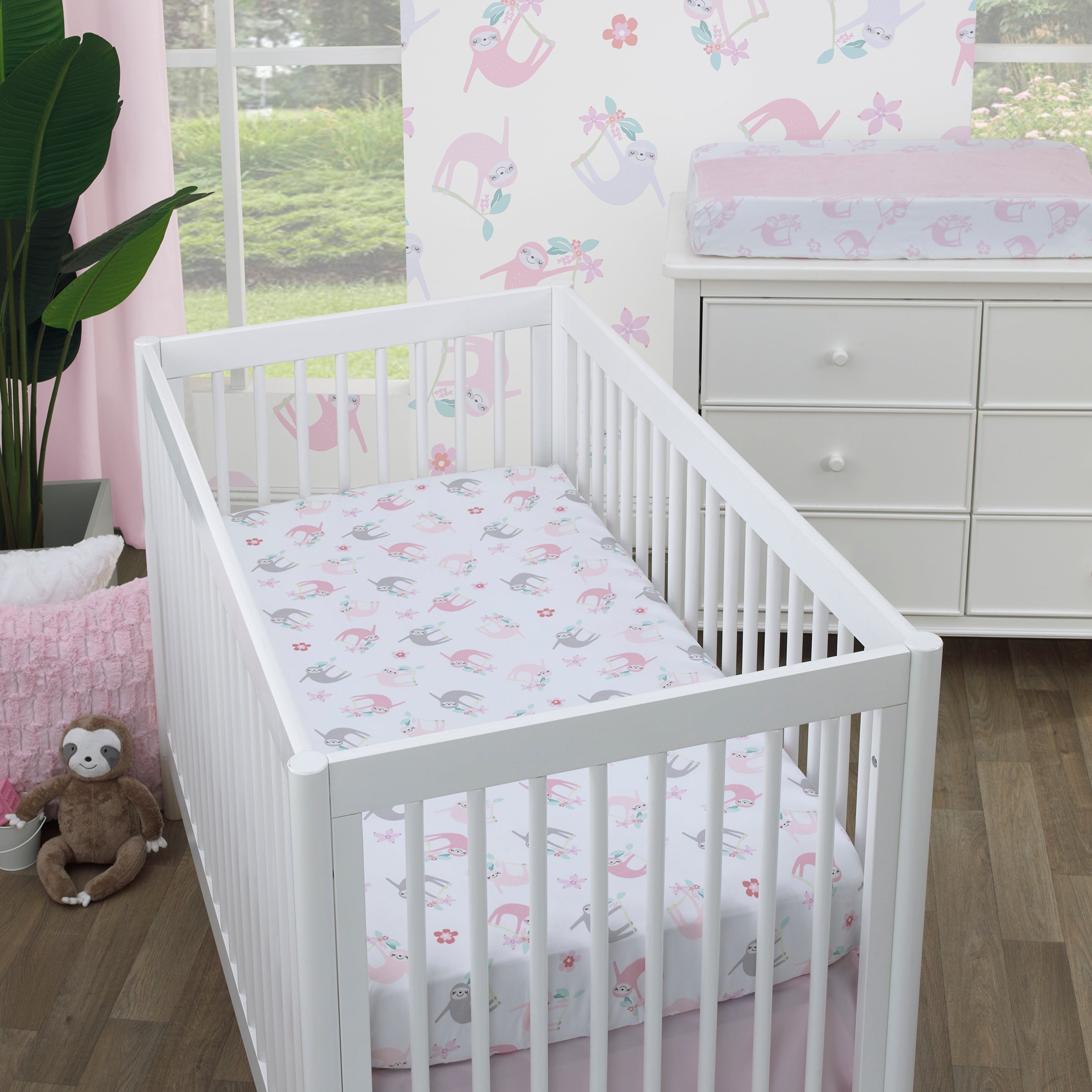 Tropical Garden Pink, Grey, and White Sloth Super Soft Fitted Crib Sheet