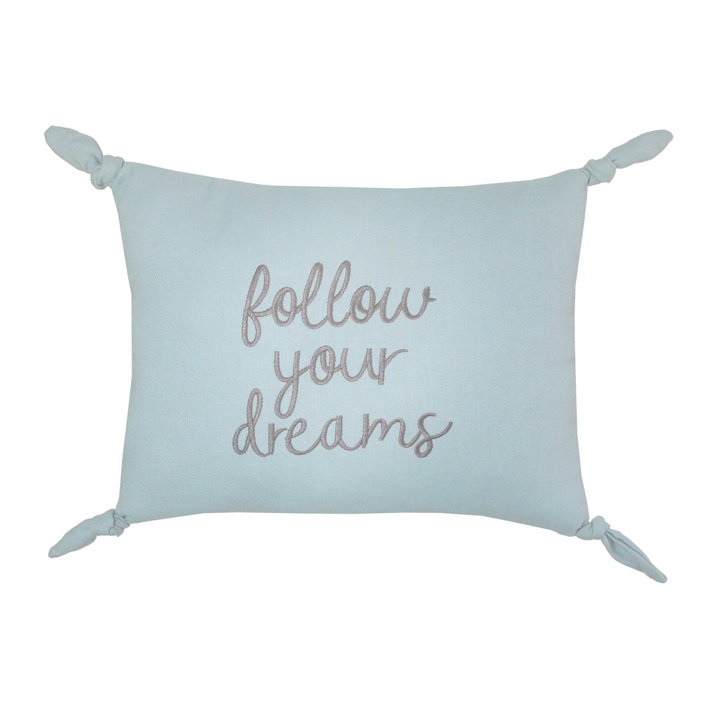 NoJo Follow Your Dreams Dusty Teal Embroidered Tied Corners Decorative Pillow