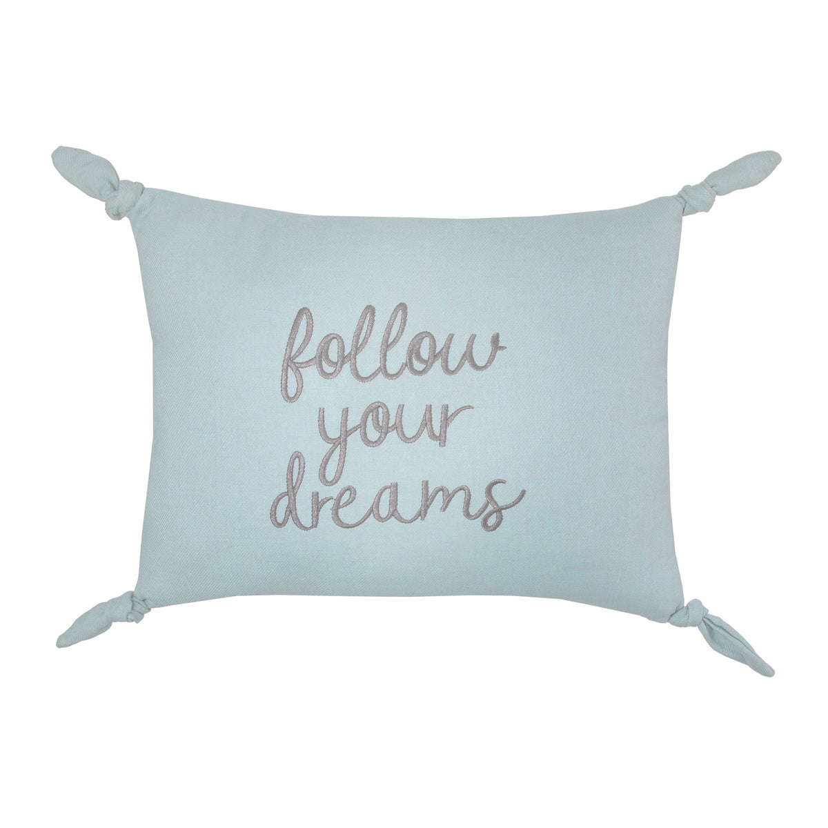 NoJo Follow Your Dreams Dusty Teal Embroidered Tied Corners Decorative Pillow