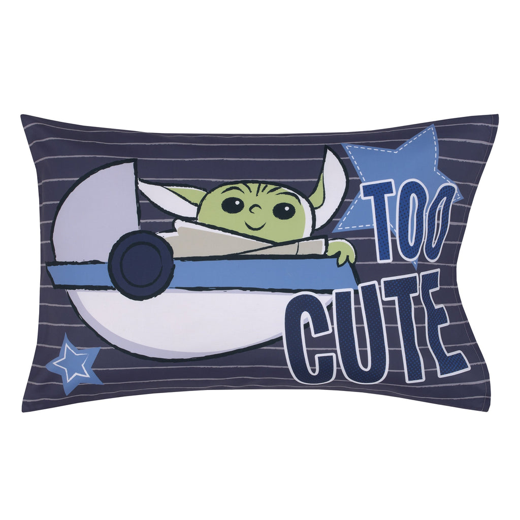 The Child Cutest in the Galaxy Blue, Green, and Gray Grogu and Hover Pod 2 Piece Toddler Sheet Set - Fitted Bottom Sheet and Reversible Pillowcase