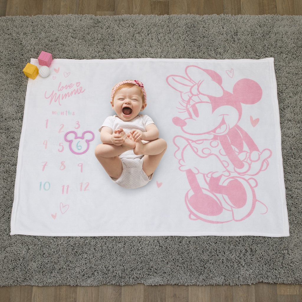 Minnie Mouse White, Pink, and Aqua Super Soft Milestone Baby Blanket