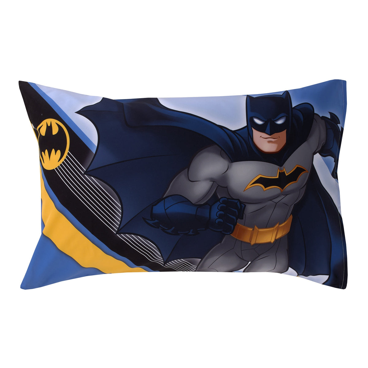 Warner Bros  Batman The Caped Crusader Blue, Gray, and Yellow Bat-Signal and Batmobile 2 Piece Toddler Sheet Set - Fitted Bottom Sheet and Reversible Pillowcase