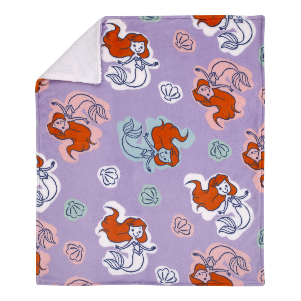 The Little Mermaid Orange, Lavender, Aqua and White Ariel Super Soft Sherpa Baby Blanket