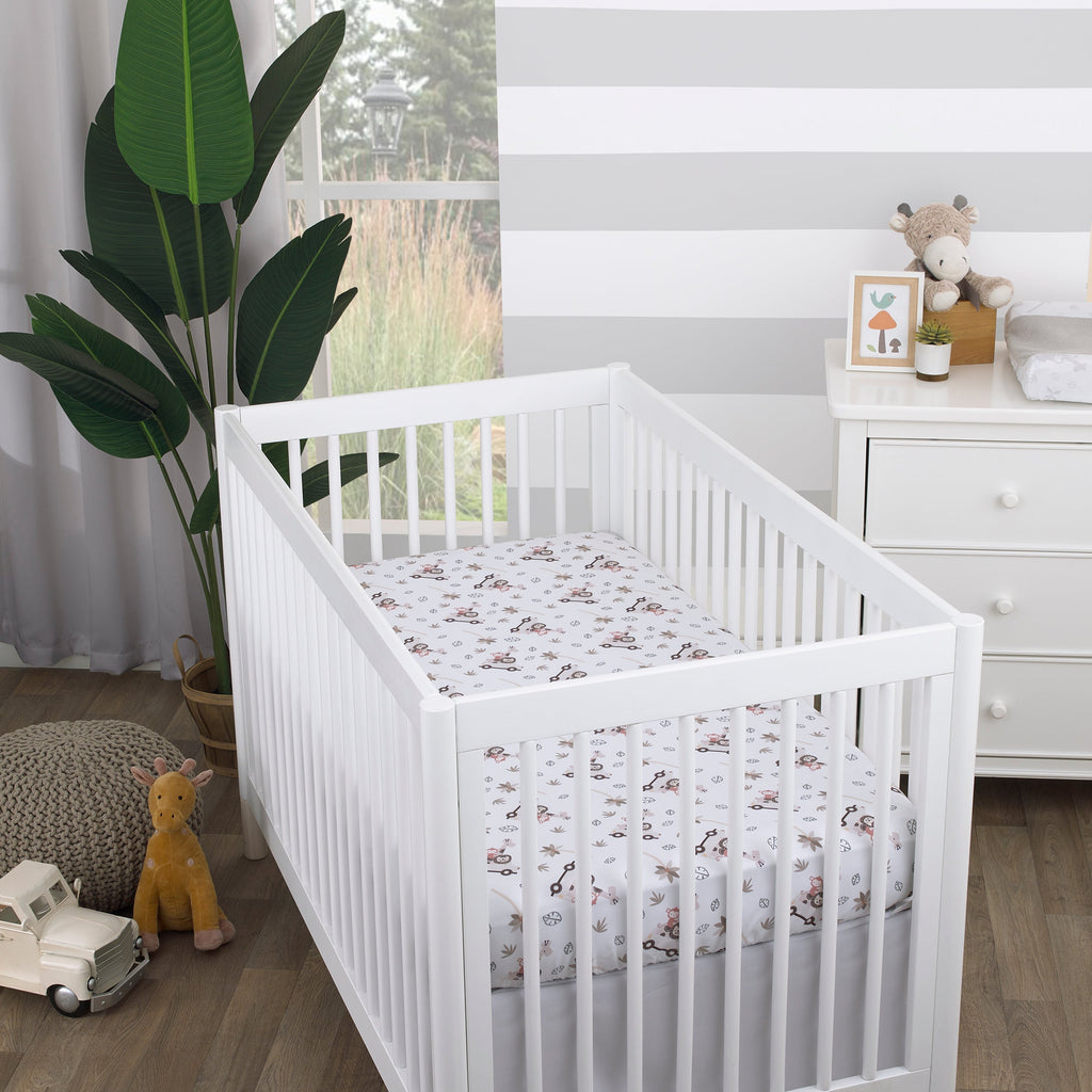 Jungle Ride Grey, White and Tan, Monkey, Giraffe and Lion Super Soft Fitted Crib Sheet