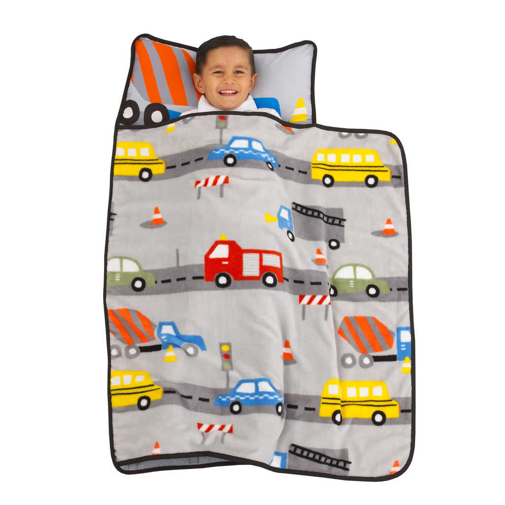 Grey, Red, Yellow and Blue Construction Toddler Nap Mat with Pillow and Blanket