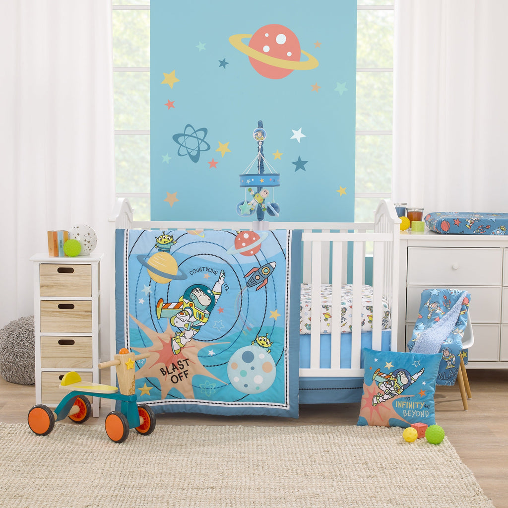 Disney Toy Story Buzz Lightyear Blue and Orange Blast Off To Infiniti and Beyond 100% Cotton Photo Op Fitted Crib Sheet